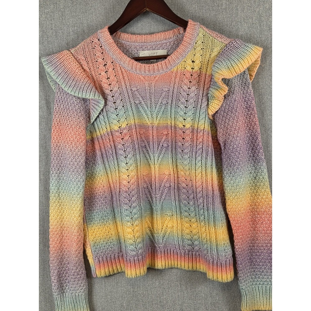 LOFT Spacedye Ruffle Sleeve Rainbow Ombré Sweater Womens L PRIDE Blogger Fav - Picture 1 of 8